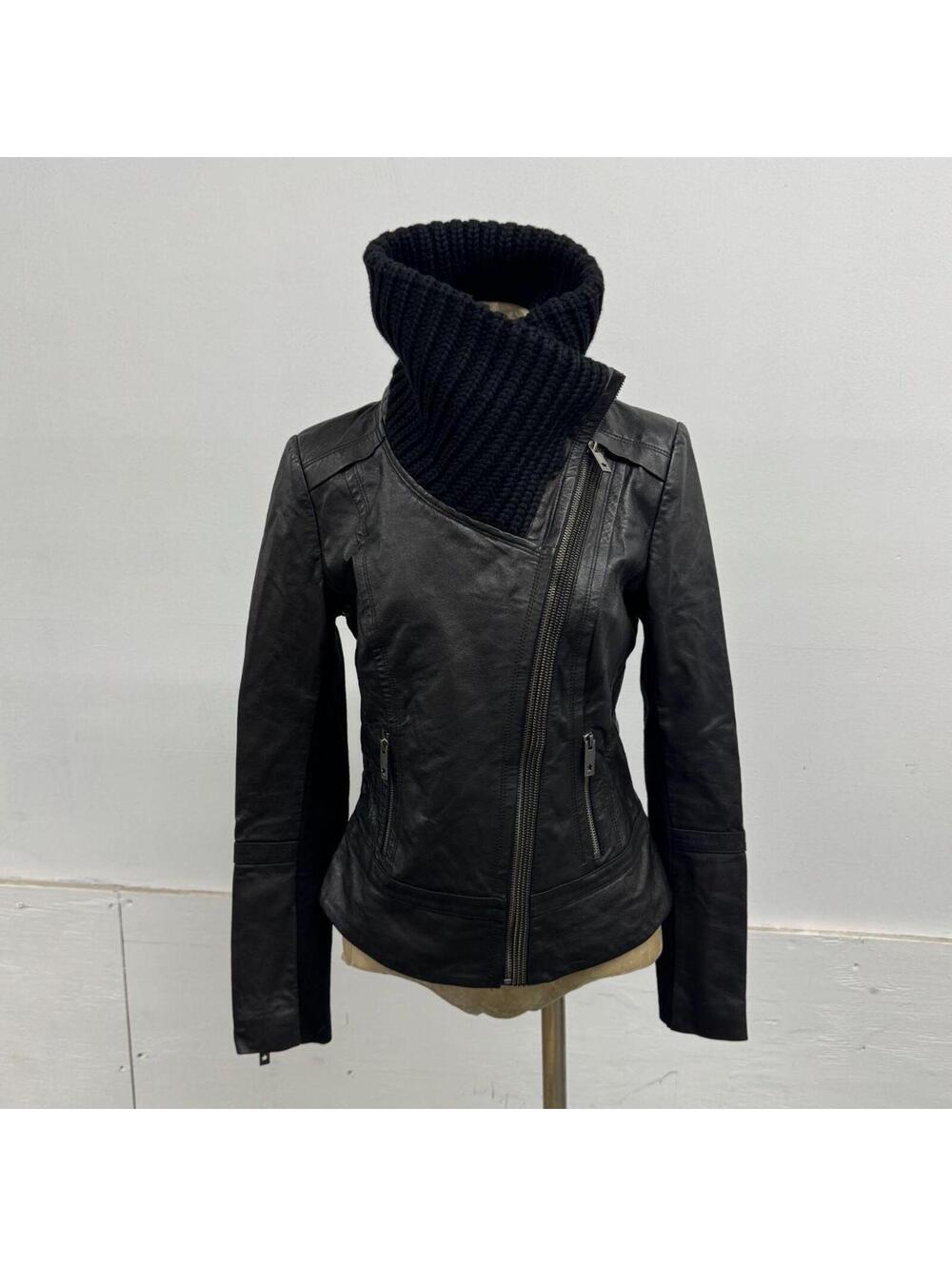 Vintage Black Funnel Neck Knit Collar Avant Garde Leather Jacket